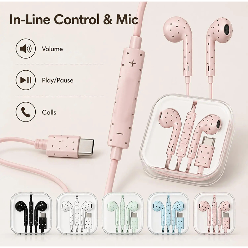 Usb C Earphone - หูฟัง Type C ลายจุดและลายดาว หูฟังแบบมีสายพร้อมไมโครโฟนและปุ่มควบคุมระดับเสียง หูฟัง